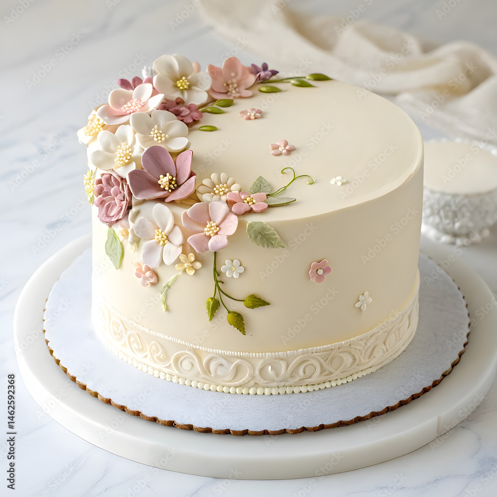 An elegant vanilla almond cake adorned with delicate floral decorations An elegant vanilla almond cake adorned with delicate floral decorations