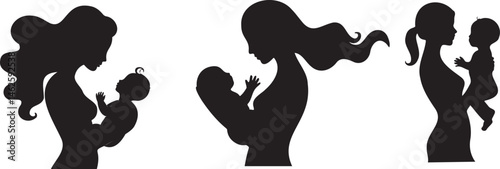 Mother and Child Silhouette Vector Art: Elegant Maternal Love Illustration for Motherhood, Family, and Newborn Concepts