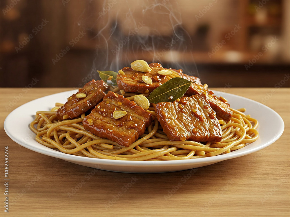 Fototapeta premium Pancit Canton is a flavorful Filipino noodle dish featuring tender meat, often pork, coated in a rich, savory sauce made from soy sauce and vinegar.