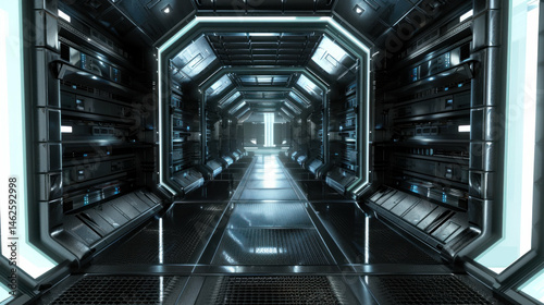 Fototapeta Naklejka Na Ścianę i Meble -  Futuristic spaceship corridor dark metal interior with bright end point