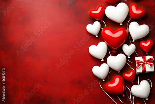 Romantic heart-shaped balloons on a red textured background with a gift