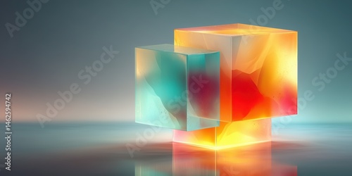  abstract geometric shape composed of transparent glowing cubes with vivid colors emanating from within photo