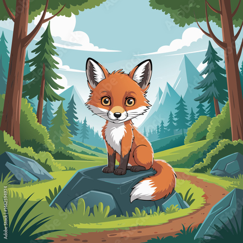 Cute Cartoon Fox Sitting on a Rock in a Forest Clearing with Mountains
