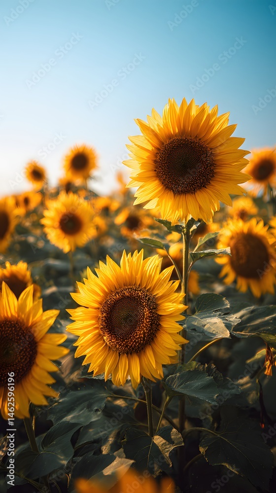 Obraz premium Golden sunflowers under a clear sky, basking in warm sunlight in a rural field.