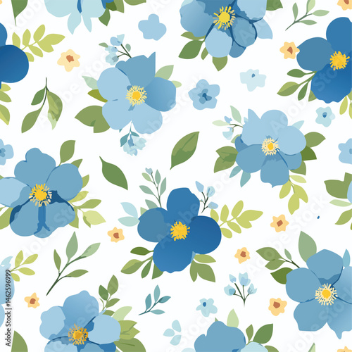 Cute blue anf brawn floral watercolor seamless pattern with white watercolor background. Flower vector illustration. Watercolor print in rustic vintage style, textile or wallpapers.backgrounds, 
