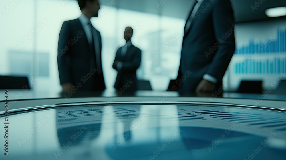 Fototapeta premium Blurred businesspeople in discussion, meeting room reflection.