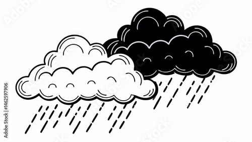 Two stylized clouds one white and one black with raindrops falling in a monochrome illustration created with generated ai