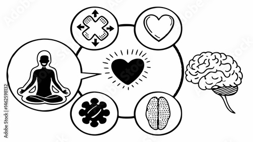 Illustration of a person meditating surrounded by symbols of health and well being concept art created with generated ai