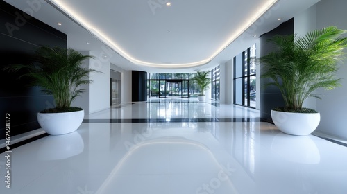 Modern, spacious office hallway with polished floors and greenery