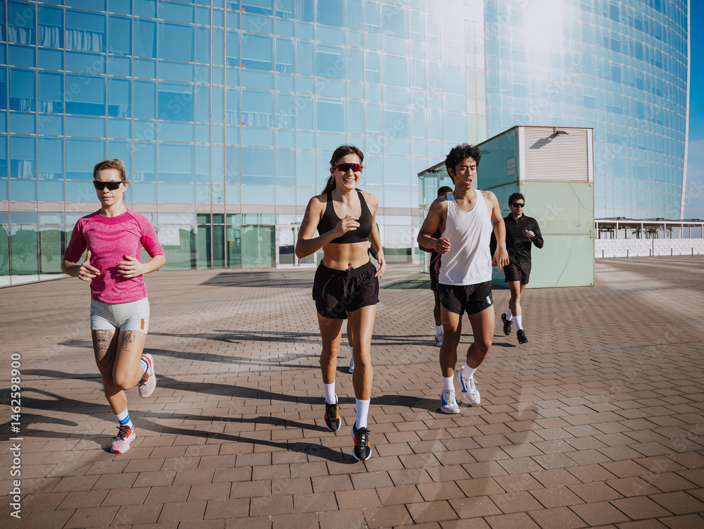 Group of six athletes running and smiling while looking ahead, outdoors