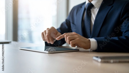 A scene of a man in a suit resting his arms on a conference table and touching a tablet
