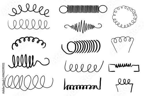 Spiral metal coil wire doodle hand drawn bounce steel curve line spring. Set vape metallic flexible coils. Steel motor spiral 