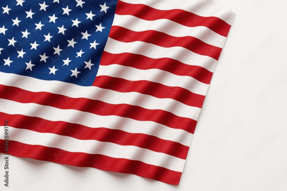 Fototapeta premium American flag waving gently, showcasing vibrant red and white stripes along with blue field adorned with white stars, symbolizing national pride and unity in a visually striking manner