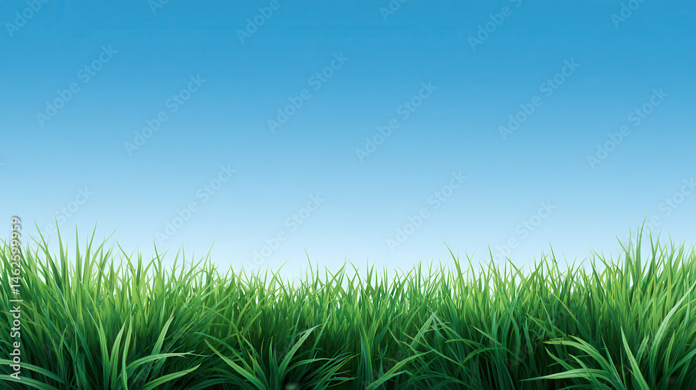 Fototapeta premium Lush green grass gracefully carpets the foreground, its vibrant blades reaching towards a pristine cerulean sky above, evoking serenity and natural beauty.