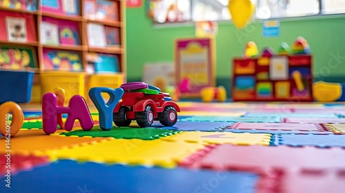 Colorful playroom interior with toys and colorful mats.