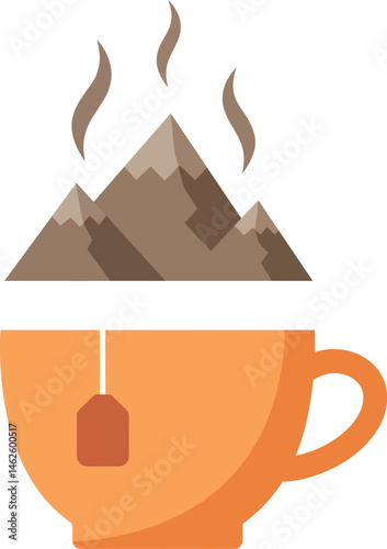 Mountain steam rising from orange tea cup with tea bag vector illustration 