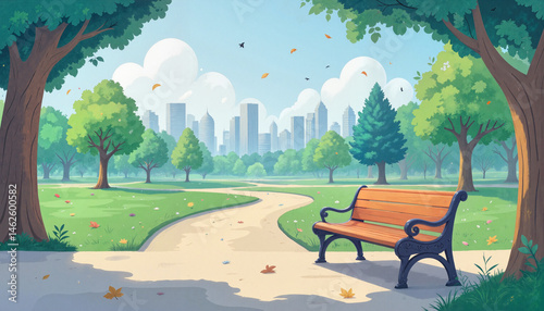 Park bench in green landscape with city skyline backdrop