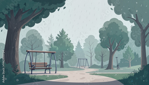 Park scene with swings on a rainy day