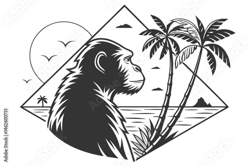 42 Black and white illustration, double exposure, monkey silhouette, tropical beach scene, palm trees, ocean horizon, surreal artwork, minimalist design, negative space, contrast, tattoo style, graphi