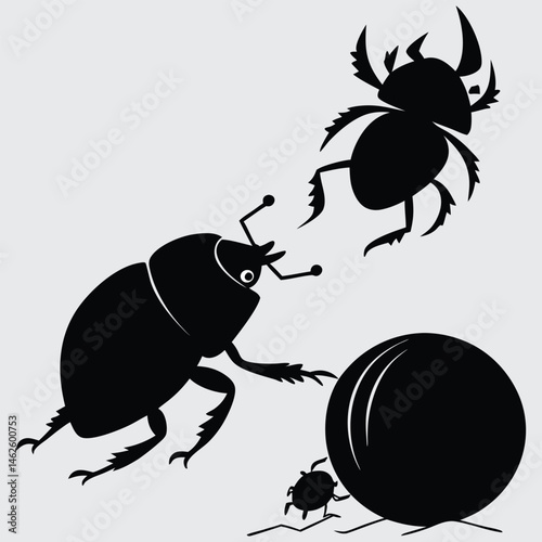 A dung beetle rolling a ball image silhouette design vector art and illustration