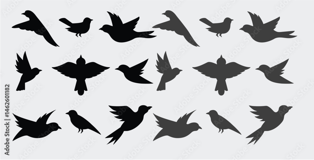 Obraz premium Flying Bird Silhouettes Collection – Black Bird Shapes for Design and Art Projects