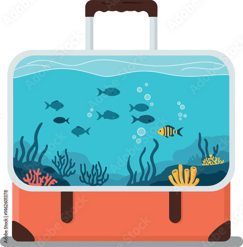 Suitcase Aquarium Illustration with Colorful Fish and Coral Reef Design for Travel and Leisure 