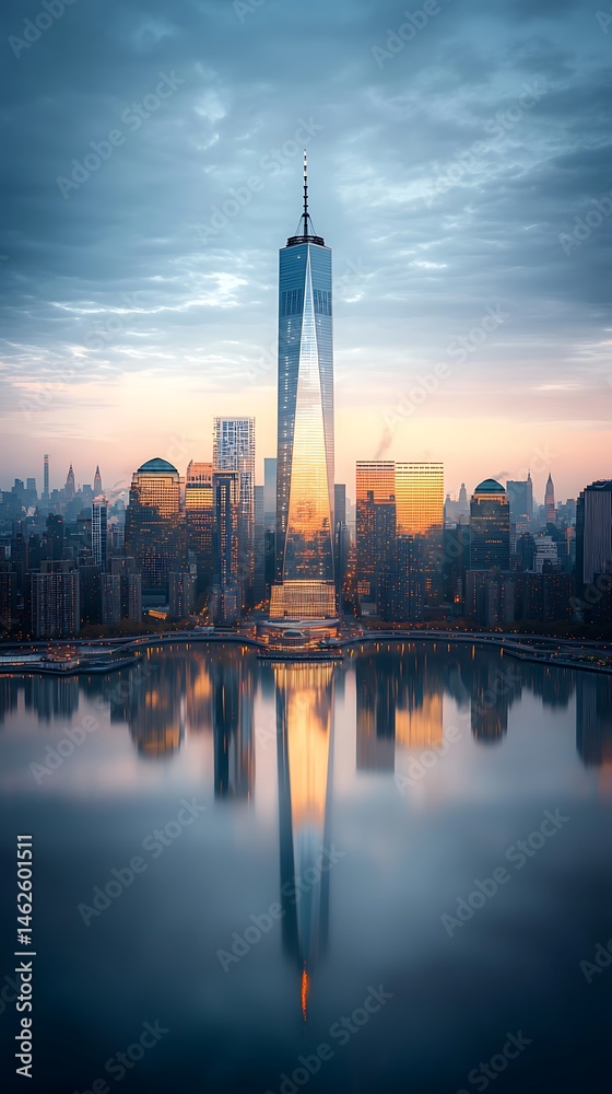 Fototapeta premium Sunrise over the New York City skyline, reflecting on the water. A majestic view of the city's iconic architecture