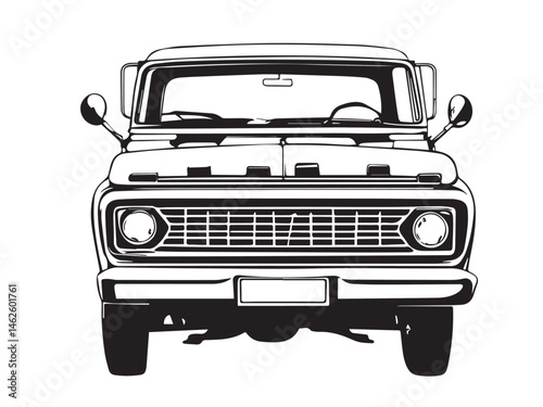 Silhouette of old pickup truck. Black silhouette of a pickup truck isolated on white background. Vector silhouette.	
