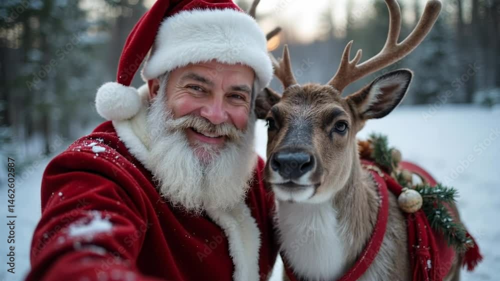 Happy winter santa clause with smiling reindeer taking a selfie in the forest Happy winter santa clause with smiling reindeer taking a selfie in the forest