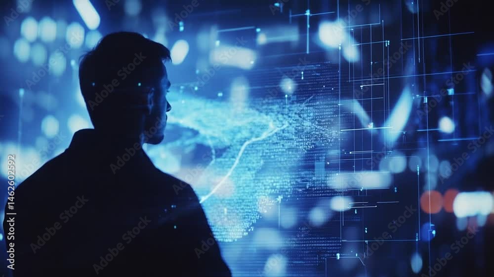 Futuristic technology concept with data visualization and a man looking at a screen Futuristic technology concept with data visualization and a man looking at a screen