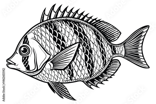 43 Detailed black and white fish illustration, scientific drawing style, intricate scales, prominent dorsal fin, large eye, forked tail fin, tropical marine species, etching technique, high contrast, 