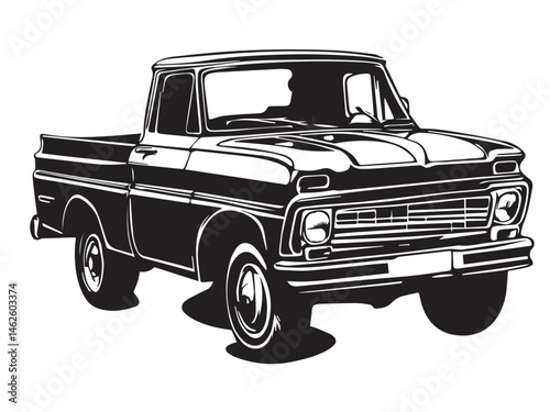 Silhouette of old pickup truck. Black silhouette of a pickup truck isolated on white background. Vector silhouette.	
