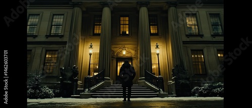 Exterior of a grand mansion on a snowy night