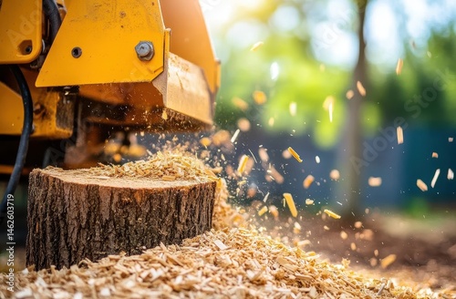 Yellow machine grinds tree stump, wood chips fly