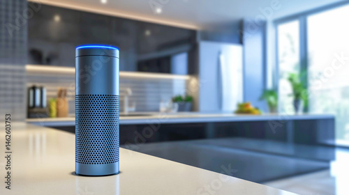 A smart assistant device responding to voice commands in a kitchen photo