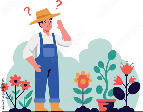 Confused Farmer Standing Among Colorful Flower Plants in Garden Vector Illustration 