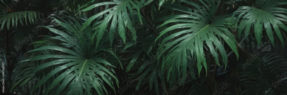 Fototapeta premium Deep emerald palm leaves, intricate veins, tropical humidity , foliage, wallpaper, palm