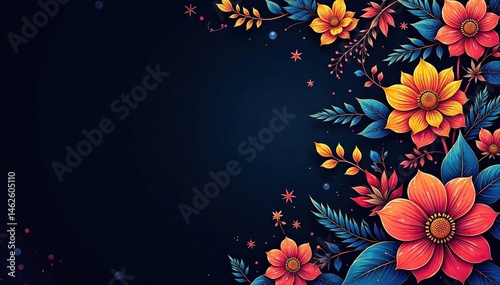 Intricate line art floral pattern, dark background, texture, fabric