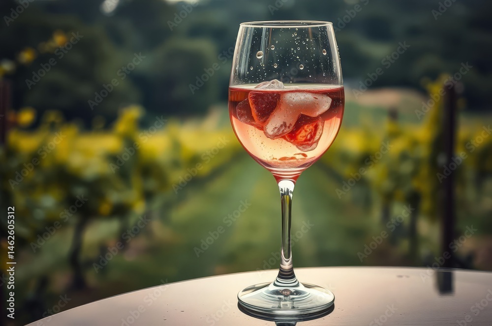 Chilled Rosé Wine in Vineyard