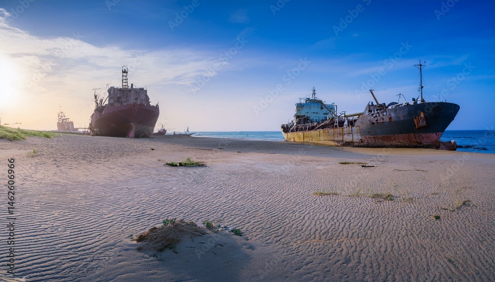 Fototapeta premium Abandoned rust ships on dry bottom