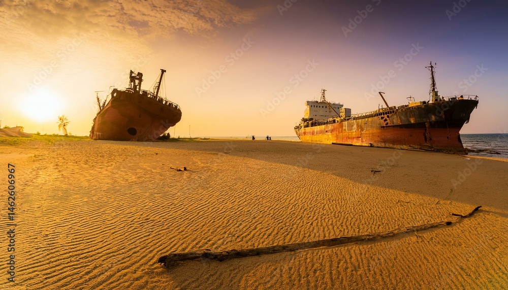 Fototapeta premium Abandoned rust ships on dry bottom