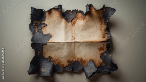 Old, distressed sheet featuring burn marks and discoloration photo