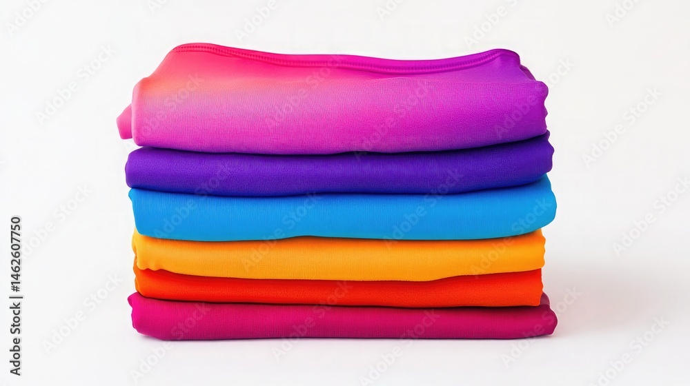 Fototapeta premium Set of bodysuits stacked in gradient color order on pure white surface