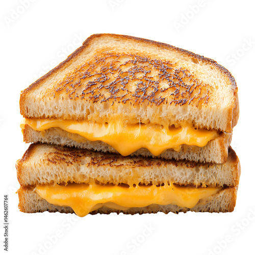 Close up of two golden brown grilled cheese sandwiches with melted cheese oozing out, set against a transparent background