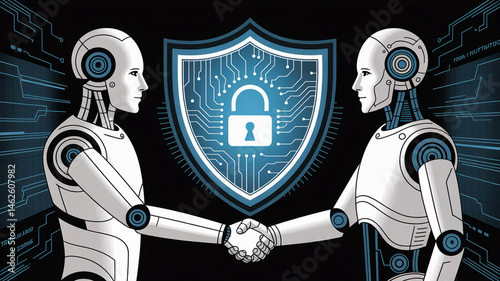 Two Robots Shaking Hands with a Security Shield