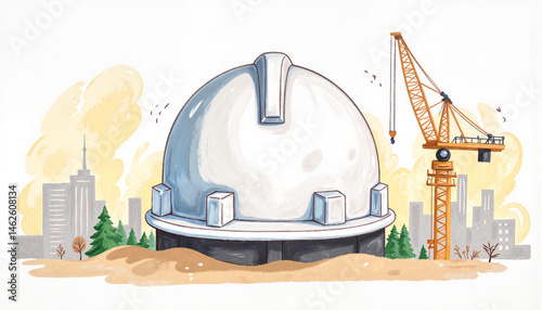 Construction site with dome structure and crane