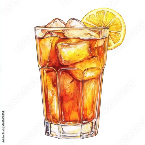 Iced Tea with Lemon Watercolor Illustration