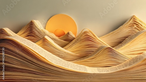 The sun rises over a surreal landscape of undulating paper mountains, each fold telling a story, and a flat sky painted with light.