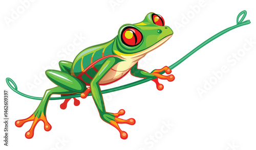Tree Frog with Bright Red Eyes Scaling Invisible Vine
