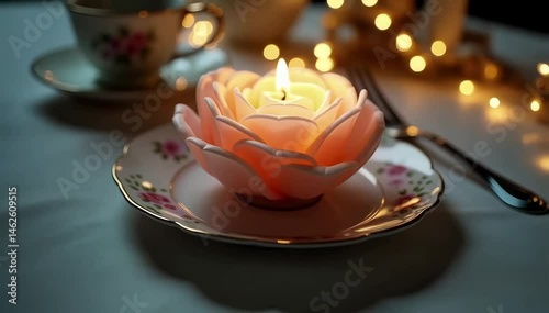 Glowing Flower Candle on a Decorative Plate